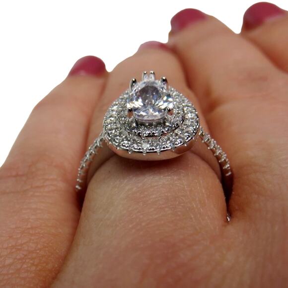 Macy's Silver Teardrop Diamond Cubic Zirconia Halo Ring S 925 Size 6 - Picture 4 of 8